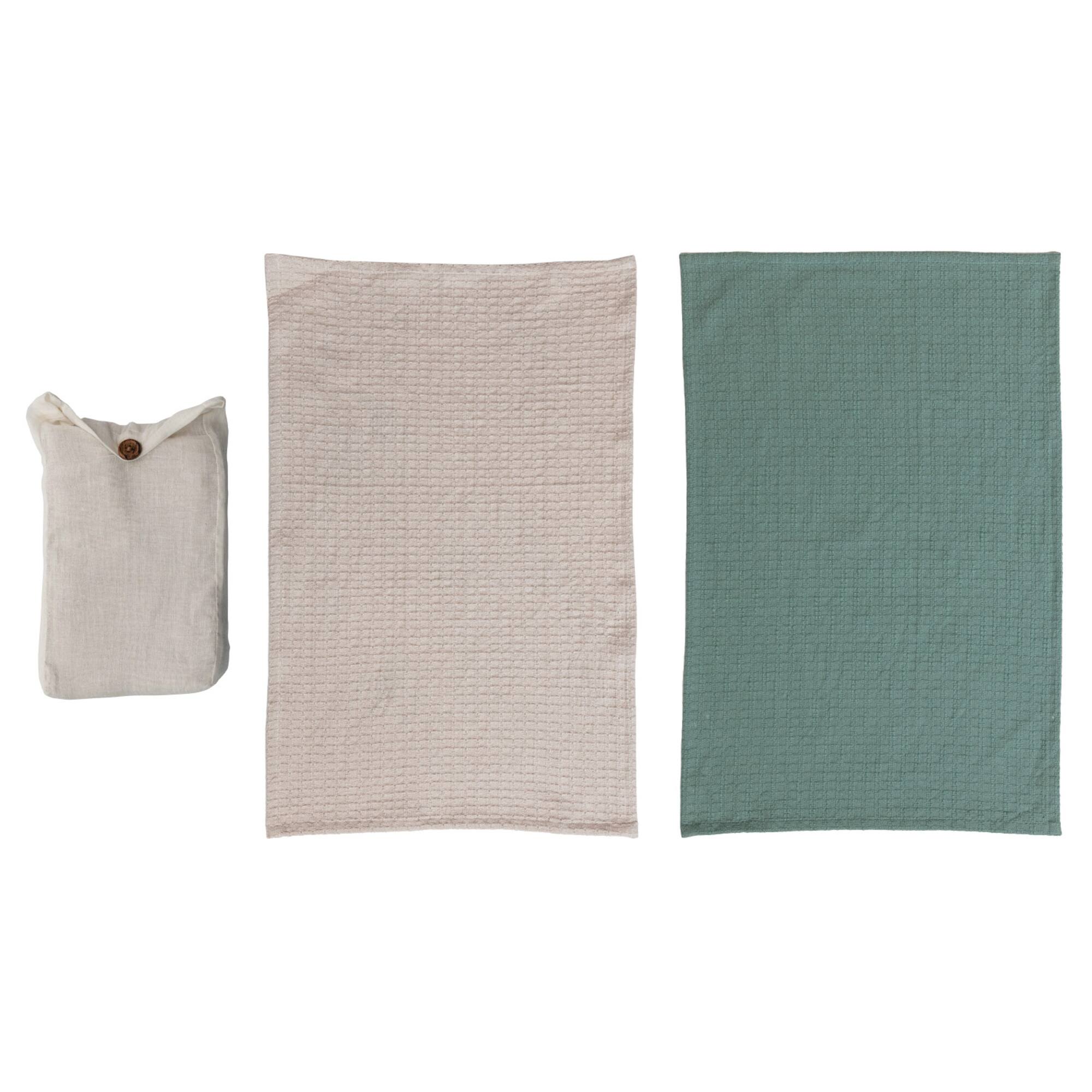 Hello Honey® Teal & Natural Cotton Waffle Weave Tea Towel Set in Bag